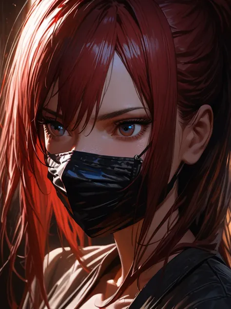 erza scarlet wearing a face mask covering everything except intense,