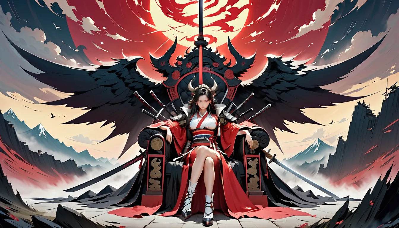 (masterpiece, ultra detailed,best quality,(((Ink Painting)))Create a dark and ominous fantasy scene featuring a powerful demon samurai girl with glowing red accents, sitting with an air of arrogance and superiority on an elaborate singhasana (throne) const...