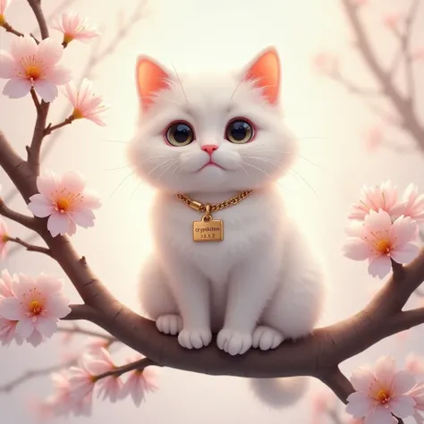 Create a highly detailed digital illustration of a fluffy white cat perched on a blossoming branch, designed for a profile picture. The cat has soft, fine fur with a gentle sheen, well-groomed appearance, and expressive, large round eyes that convey innoce...