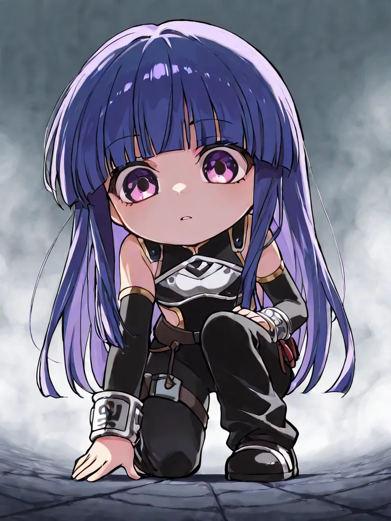   chibi, 1 girl, Alone, rika furude, long hair, bangs, blue hair, purple eyes, blunt bangs, purple hair
 BREAK
Woman assassin, Landing,  quiet movement ,  get down on one knee, black bodysuit,  My eyes shine sharply ,  low angle,  fog can creep in, 無音のLand...