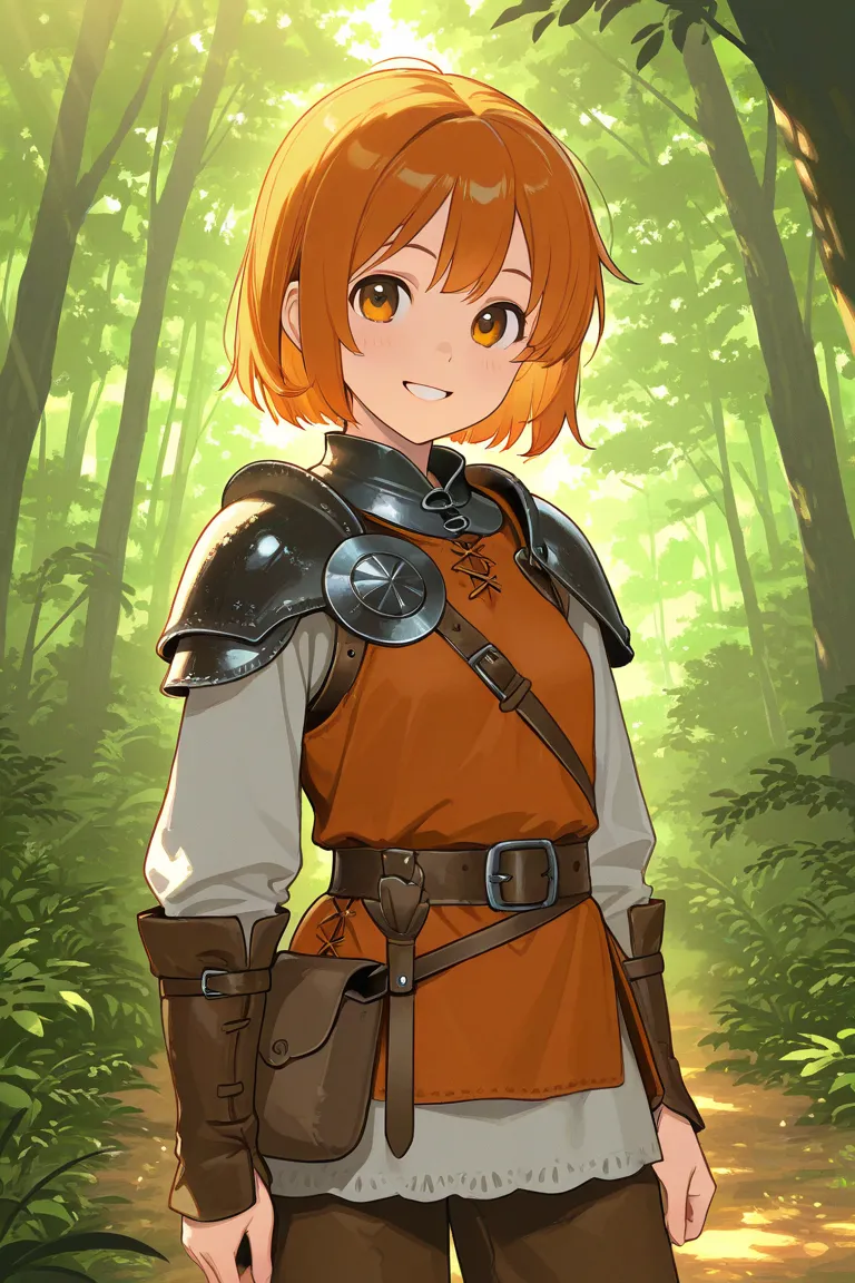 1girl,masterpiece,best quality,highly detailed,high quality,high resolution,fantasy,Short orange hair, adventurous, kind smile, trail,Medieval, adventurer costume.