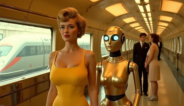 "A retro-futuristic scene set in a 1950s-style train station with curved, golden-lit interiors. A glamorous woman with a vintage hairstyle, bold red lipstick, and a fitted yellow dress stands confidently in the foreground. She has an hourglass figure and a...