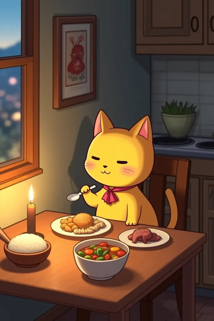 In a cozy dining nook, the small yellow cat sits contentedly at a small wooden table, a steaming bowl of freshly cooked food placed in front of it.

The cat, wearing a small napkin around its neck, carefully picks up a tiny spoon with its paw, taking a bit...