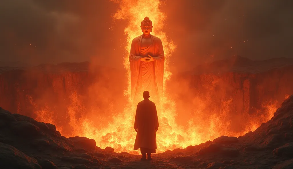 A dramatic, high-contrast scene where a deep, menacing pit filled with red-hot burning coals suddenly appears. The intense, realistic flames create a stark, otherworldly barrier between the servant and the approaching Buddha.