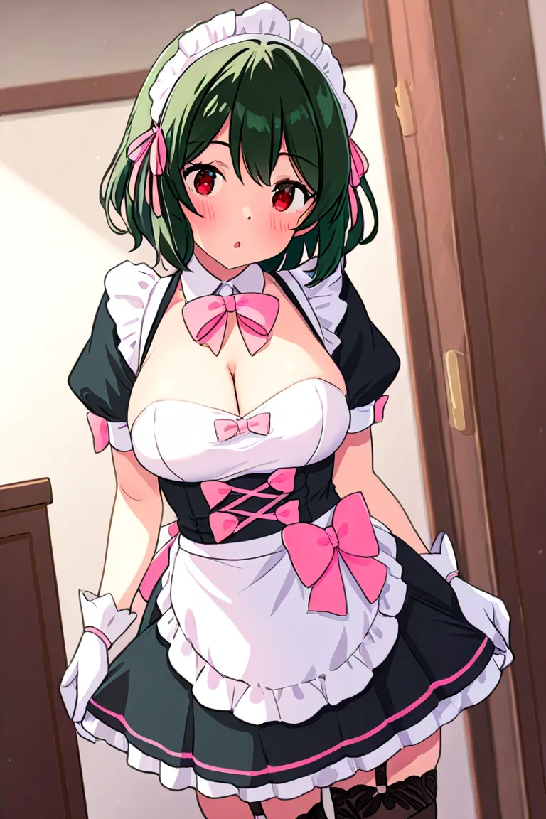 1 person、Full-body standing photo、human、hair bouncing sideways、Short Hair、Dark green hair、 red eyes、blush、Big Breasts、maid clothes、white apron、black miniskirt、black garter belt、pink bow tie、Short sleeve、white gloves、chest is empty