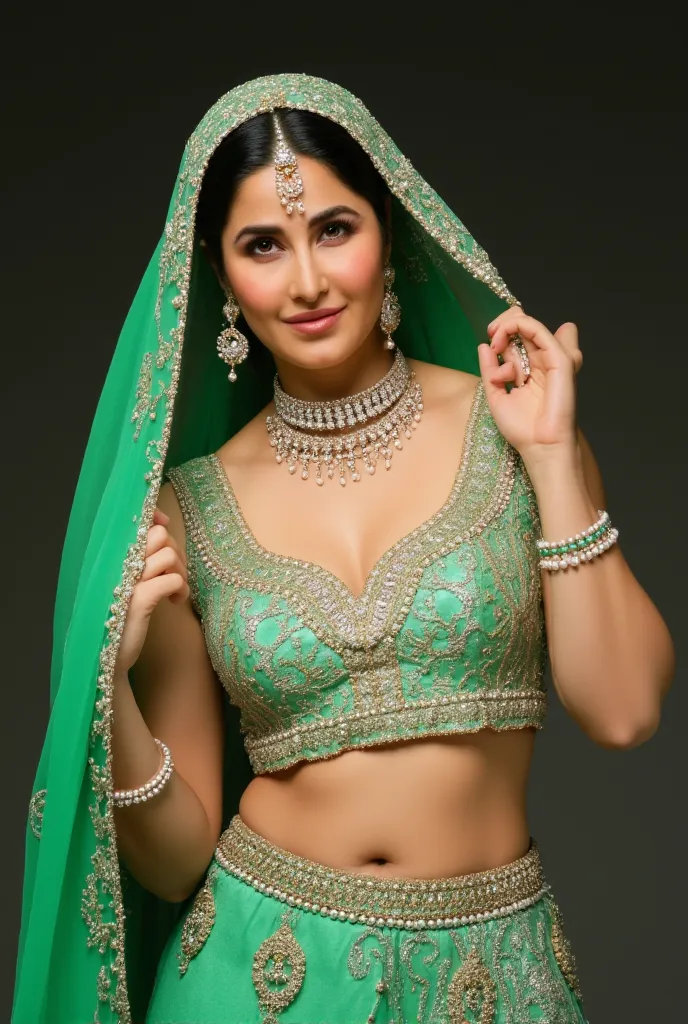 (masterpiece, best quality:1.2), She is draped in a ultra low waist parrot green lehenga with delicate gold embroidery, giving her an ethereal, moonlit glow., fully exposing her deep navel and slim waistline. A pearl-studded matha patti with a crescent moo...