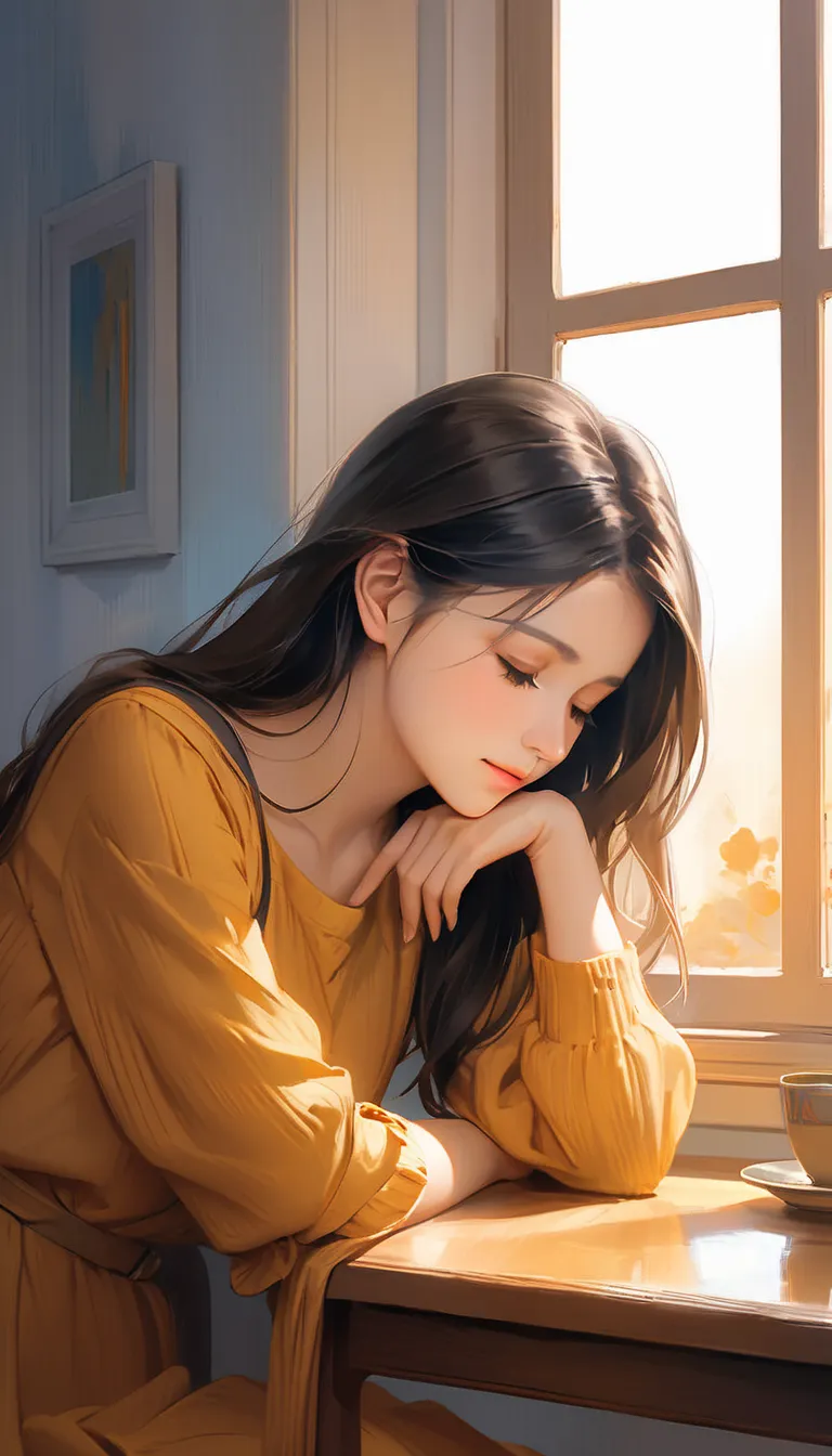 Create a detailed and emotionally expressive digital painting of a young woman lost in thought, subtly revealing her feelings for someone special. She is sitting by a window, resting her chin on her hand, her eyes filled with quiet longing and contemplatio...