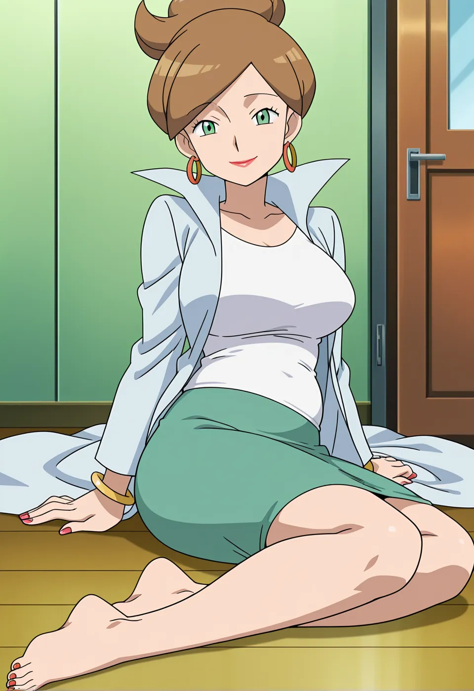 score_9, score_8_up, score_7_up, source_anime, masterpiece, best quality, amazing quality, anime screencap, anime anime coloring,  solo, 1girl, c-juniper, mature female, green eyes, hair bun, brown hair, lab coat, green skirt, earings, white shirt, long sl...