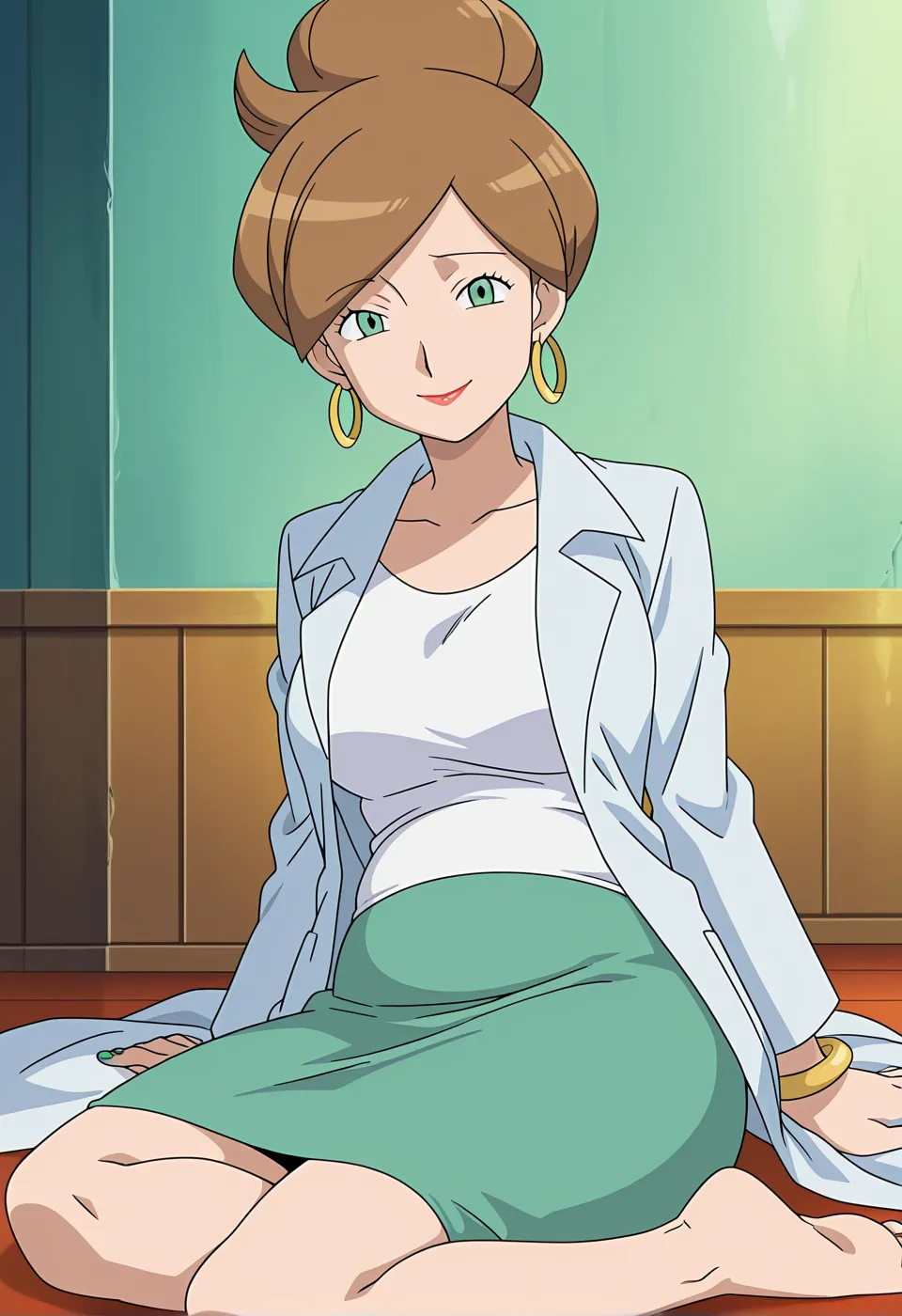 score_9, score_8_up, score_7_up, source_anime, masterpiece, best quality, amazing quality, anime screencap, anime anime coloring,  solo, 1girl, c-juniper, mature female, green eyes, hair bun, brown hair, lab coat, green skirt, earings, white shirt, long sl...