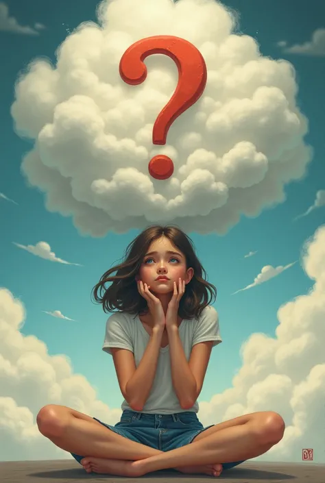 A girl is thinking, around divided into 4 parts with girl centered, all around are clouds of thoughts, a big question mark on the girl's head