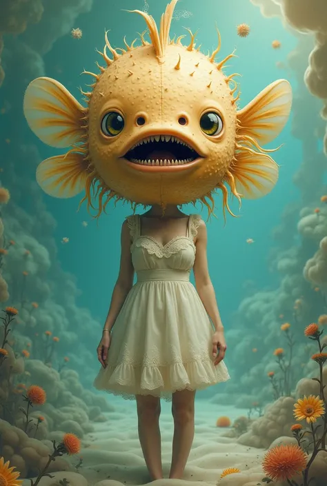 Another less realistic image of a woman with a puffer fish head instead of a human one