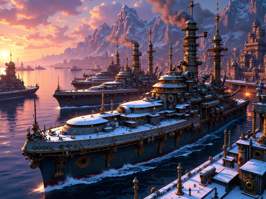 in the style of ck-mgs, A digital artwork in the style of cknc, a_skynet_cyberdyne_craft.
In the futuristic, steampunk mix Fantasy city naval base. The Anime cinematic scene. Steampunk Naval ships in winter camouflage of grey and white paint are moored aga...