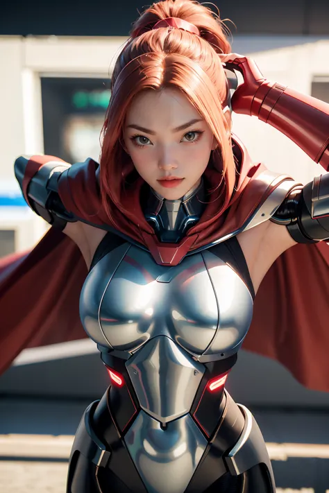 A cybernetic woman, with a perfect sculptural whole body, realistic, belly appearing, (large and perfect breasts), neckline, 3d, with hood on the head and a cape, and a red visor in the right eye, anime style 3d, ultra realistic, HD,  