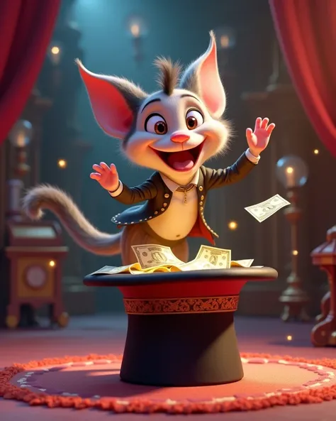 Pixar 3d animation style image
A magical character taking money from a top hat
4k, there are many details