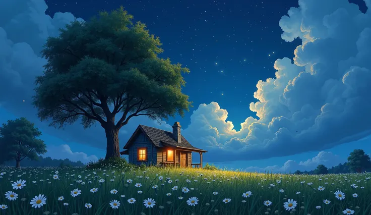 anime-realistic scene of a cabin under a tree, in a field with daisy flowers, that serene night, quiet, clouds, with some small fireflies emerging from the grassland,ULTRA Style Kilian Eng and Thomas Kinkade, Rob Gonsalves and Tim White , silvain sarriel. ...