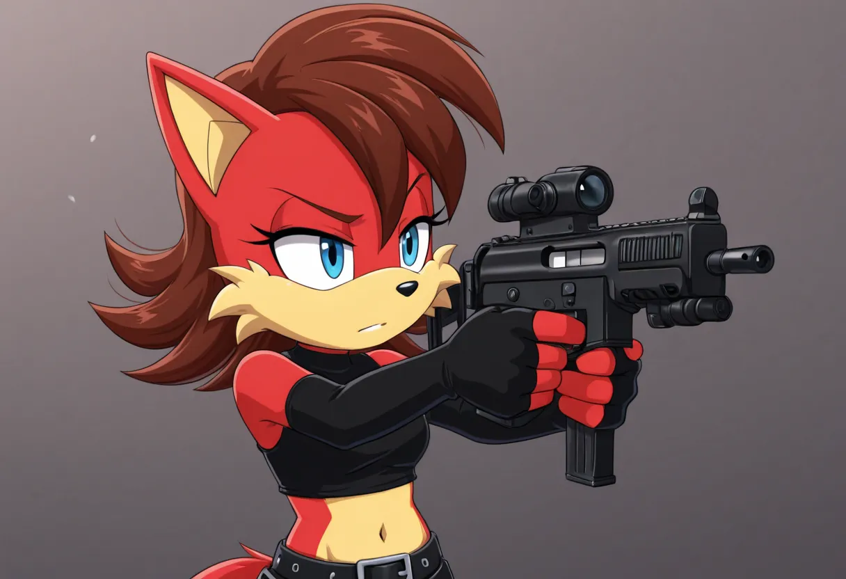 Fiona the Fox, 1girl, blue eyes, brown hair, medium hair, red fur, yellow fur, two-tone fur, bare shoulders, elbow gloves, fingerless gloves, navel, crop top, sleeveless shirt, belt,holding mp5, aiming mp5, wearing mp5