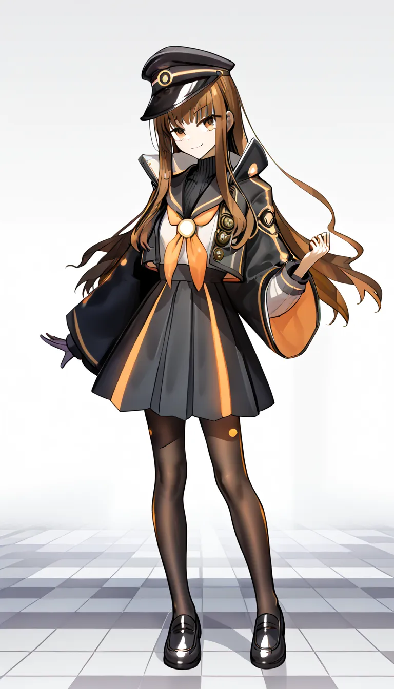 ((full body)),zPDXL3, 1 girl, Alone, Haknon , brown hair, long hair, brown eyes, bangs,  school uniform, black  jacket,  Long Sleeve, open  jacket, Wide Sleeves, black headwear, sailor color, orange Neckerchief, peaked cap, Neckerchief, black skirt, pleate...