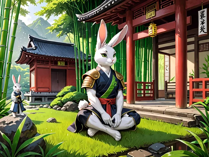 ((masterpiece, best quality, ultra detailed)), ((furry, anthro)), ((rabbit)). Serene Japanese/Chinese inspired landscape with lush green forests, rice paddies, and traditional wooden buildings. Rabbits tending to the land, a sense of harmony and peace. A b...