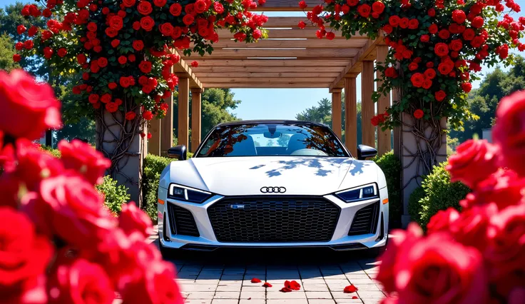 A white Audi sports car is positioned in the center-middle ground of the image, facing the camera. The car is surrounded by a dense cluster of vibrant red roses, which are in sharp focus in the foreground and slightly blurred in the mid-ground. The roses...
