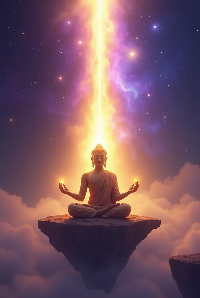 "An enlightened Buddha, sitting in a lotus position on a floating rock in the middle of a Celestial landscape. Around you, there is a bright golden aura emanating from his body, with particles of light floating around him.  from Heaven , a ray of violet an...