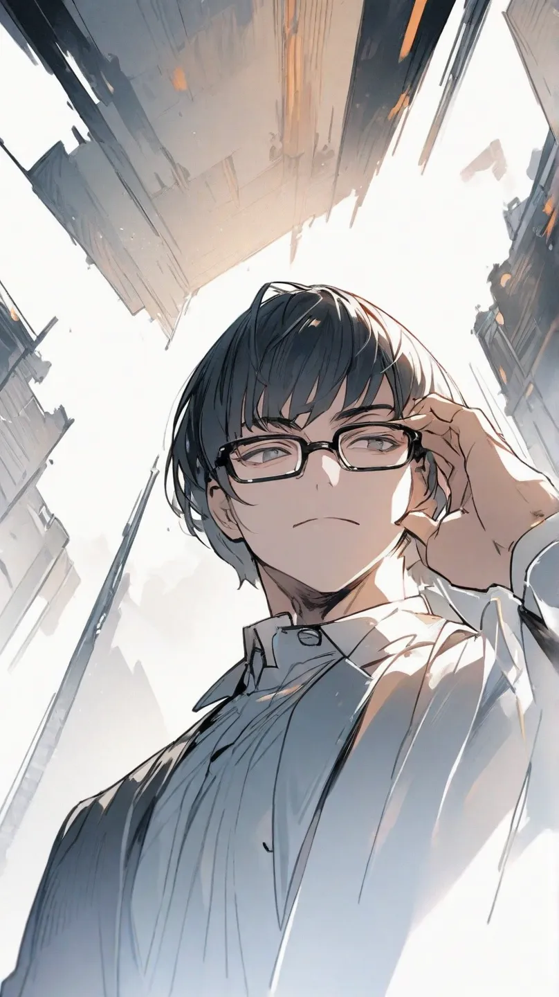 Highest quality,  handsome　illustrations,  male　Glasses,　 expressionless, white background, business suit for irregular, put on glasses, A man who seems serious, Stand with good posture, bob cut, Bangs viewed from below, Alone, upper body, adjusting eyewea...