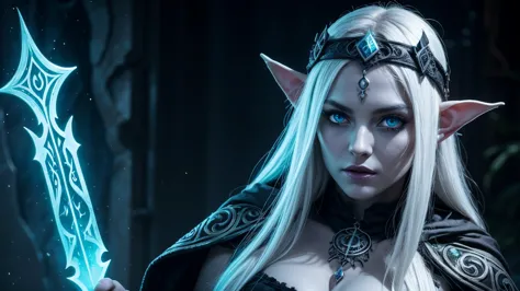  a beautiful elf woman, luminous skin has taken on a ghostly pallor, her eyes gleam with an unsettling intensity, and her long, black hair now flows like a river of moonlight. Her skin is smooth as porcelain. She wears a black glowing necklace. She has an ...