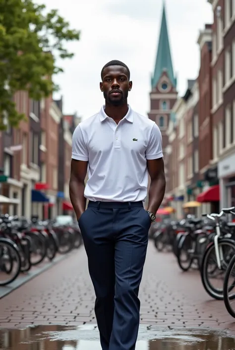 Black man dressed as Lacoste and pants in a city in the Netherlands .