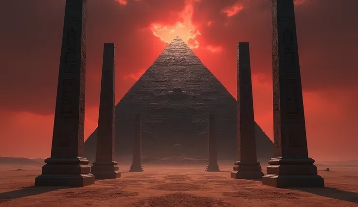 create a realistic image of the submitted photo , a large pyramid surrounded by 4 large obelisks around it the sky is dark and reddish the pyramid is black