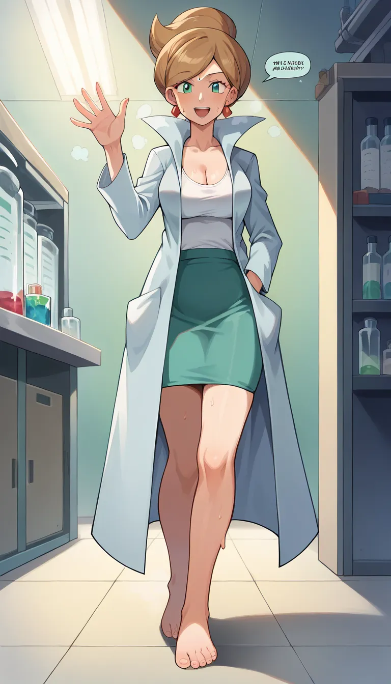 score_9, score_8_up, score_7_up, source_anime, masterpiece, 1girl, solo, ctianjuniper, lab coat, green pencil skirt, earings, white shirt, cleavage, thighs, indoor, laboratory, looking at viewer, light smile, open mouth, talking, sweat, steam, standing, (h...