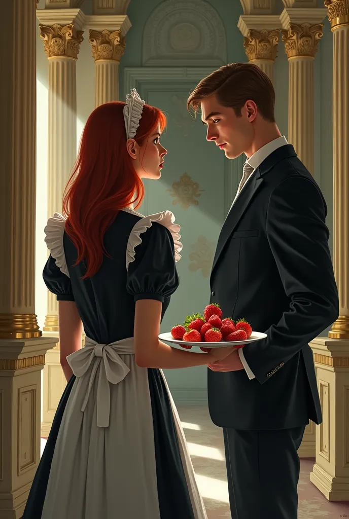 Make a book cover, with a Redhead dressed as a maid with her back holding a breakfast tray with some strawberries,  Facing a mysterious man wearing a suit.  in a palace hall  