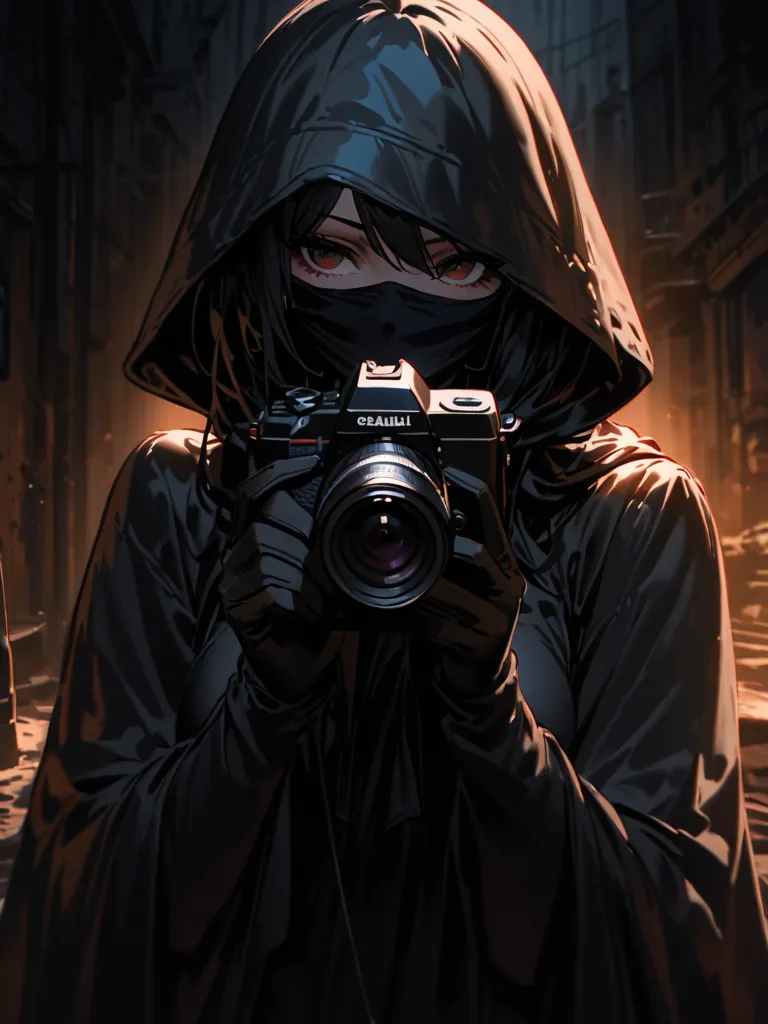 erza scarlet complexion mysterious bandit dressed in all-black attire, with a stealthy hood and a bandana mask covering everything except intense, focused eyes holding a camera .  