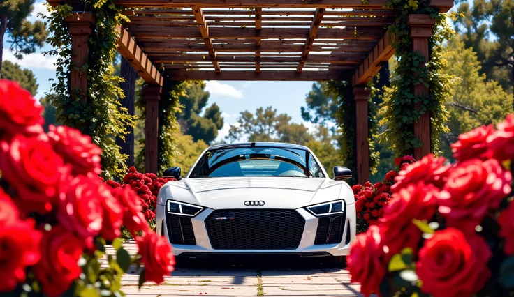 A white Audi sports car is positioned in the center-middle ground of the image, facing the camera. The car is surrounded by a dense cluster of vibrant red roses, which are in sharp focus in the foreground and slightly blurred in the mid-ground. The roses...