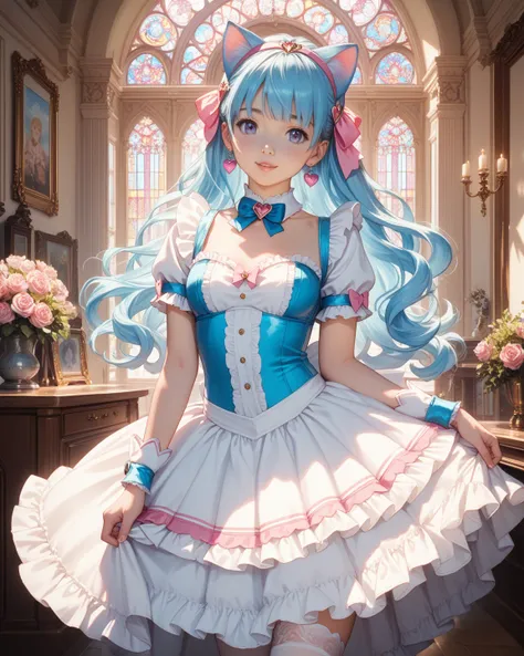  cat ear maid　miniskirt　 knee-high　light blue long hair