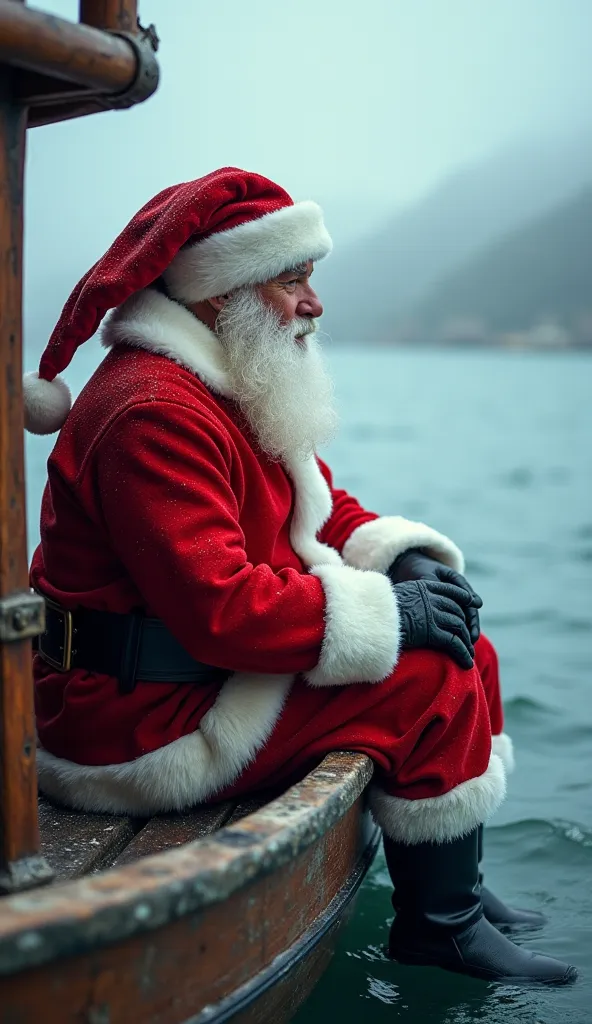 The subjective point of view of Santa sitting and talking on a wooden boat at sea, 