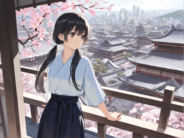 masterpiece, 1girl, black hair, low twintails, long hair, long sidehair, brown eyes, japanese plum tree, flower, downhill, cityscape, spring season, cowboy shot