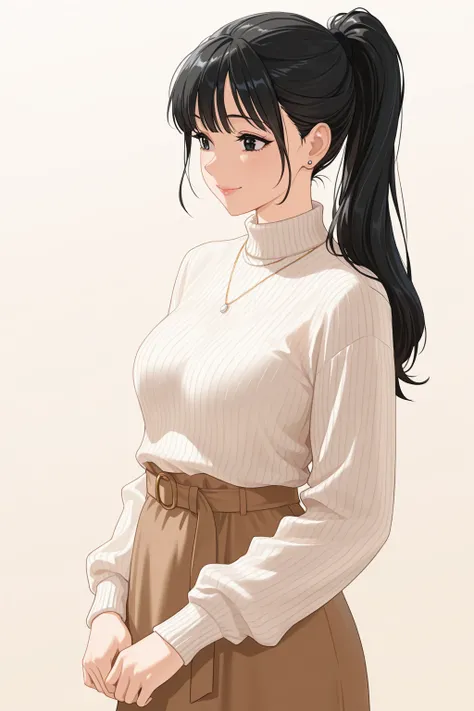 1girl, general, solo, long hair, high ponytail, bangs, black hair, black eyes, lips, smile, white sweater, ribbed sweater, brown long dress, layerd clothes, earrings, stud earrings, necklace, simple background, masterpiece, best quality, good quality, amaz...