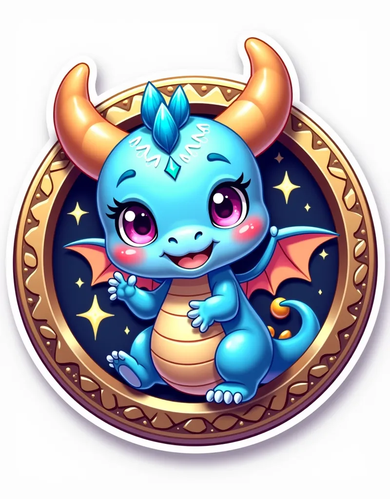 2d digital artwork, Sticker style, A cute blue dragon chibi, she is inside a coin, stars appearing around him