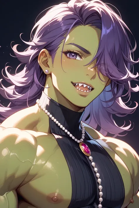  purple hair、Hair is covering one eye、 purple eyes、I have small, sharp teeth in my mouth、Topless、big muscle、I have a large number of pearls wrapped around my neck、front、Only the upper body、sharp eyesight、poison々atmospheric background、male、, the ruthless ex...