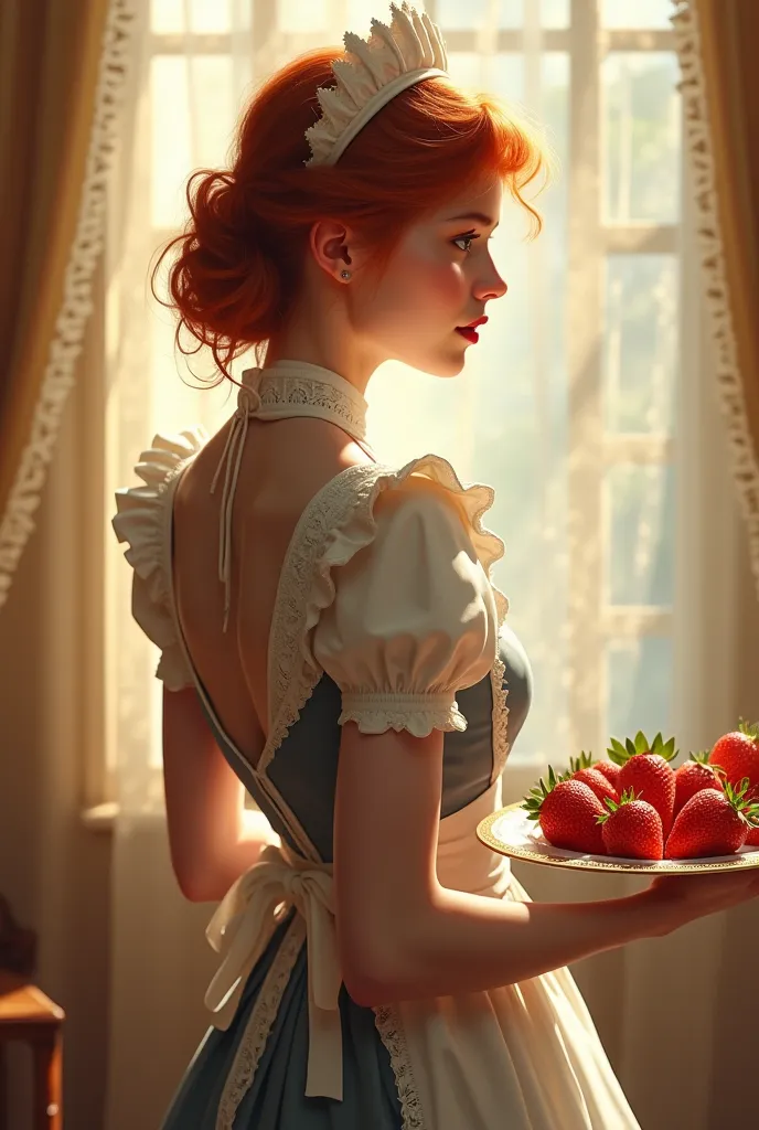 Make a book cover, with a Redhead dressed as a maid with her back holding a breakfast tray with some strawberries