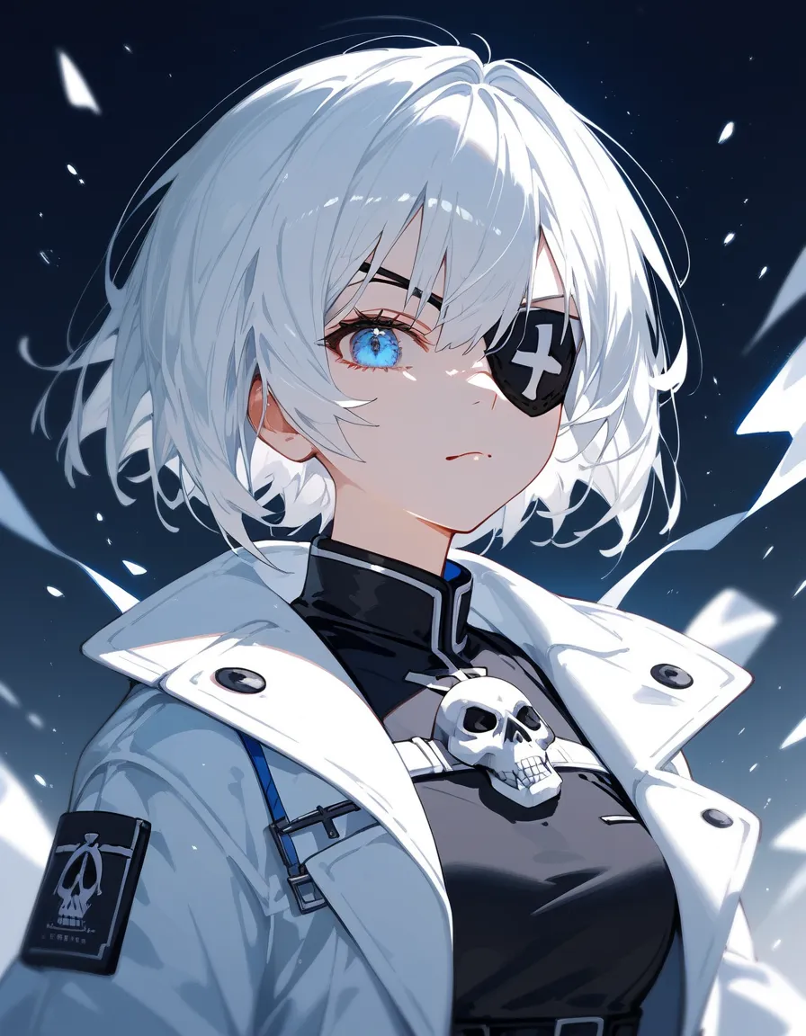  girl, white hair, short hair , in blue eyes, White Coat,medium chest,cool,Wear a black miniskirt, White Skull Mask,eyes patch ตาขวา,,Cross Eye , black eye border,,Wearing black gloves ,Fierce face,black background,cute,student,