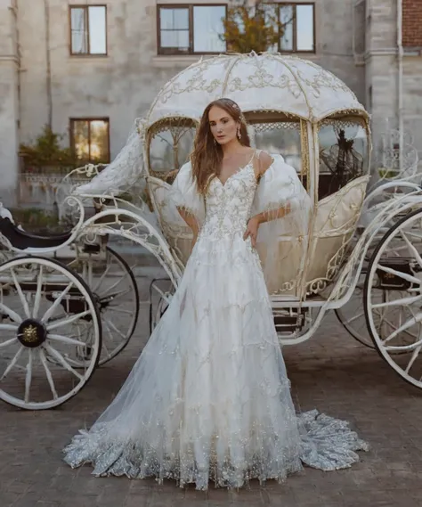 a woman in a wedding dress standing in front of a horse drawn carriage, white royal dress, long intricate gown, romantic gown, very magical and dreamy, white regal gown, beautiful wedding dress, stunning elegant, long luxurious intricate gown, long flowing...