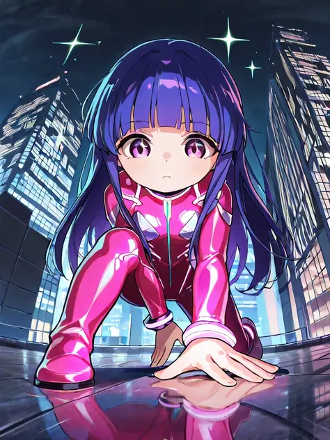   chibi, 1 girl, Alone, rika furude, long hair, bangs, blue hair, purple eyes, blunt bangs, purple hair
 BREAK
female hero, Landing,  Sense of Speed , putting one hand on the ground, Sparkling suit,  Flowing Movement ,  low angle,  Skyscraper Rooftop , Cit...