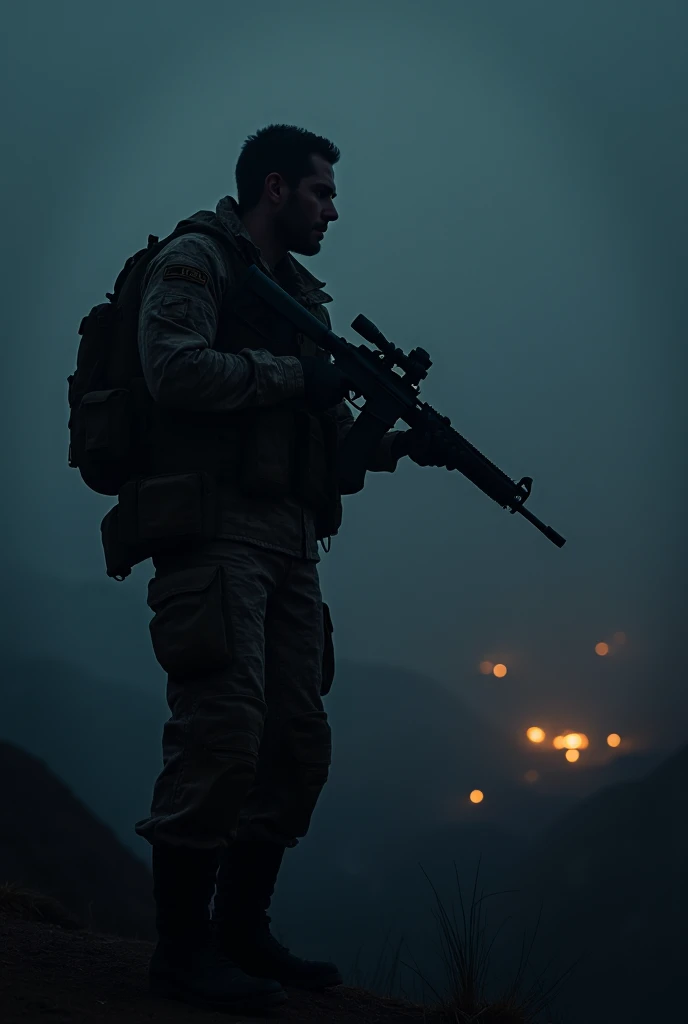 A soldier with a gun watching the night