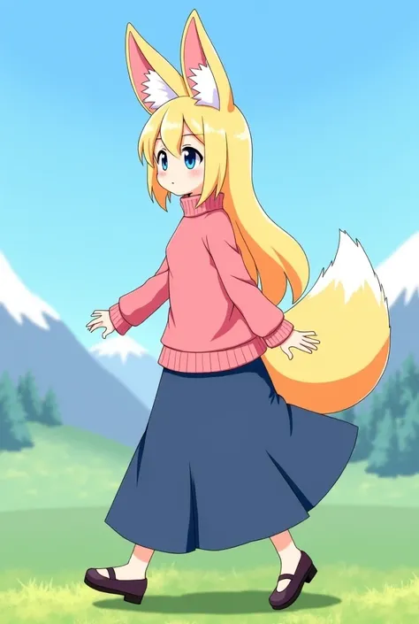 A girl in anime style with massive fennec ears and a big fluffy tail, long blonde hair, and blue eyes, wearing a pink sweater and a long blue skirt, is walking in beautiful outdoor scenery with snow-capped mountains in the background.