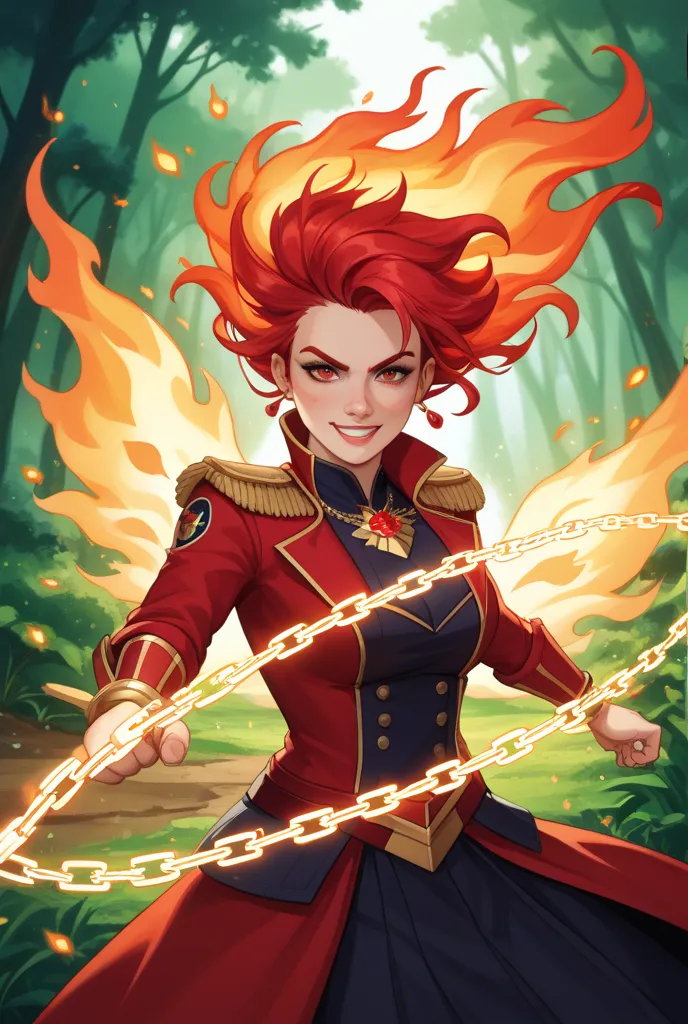 "A beautiful age girl with long, fiery red hair glowing in a blacklight-like effect, reminiscent of a phoenix in human form. Her hair flows dramatically with subtle embers and sparks surrounding it, hinting at her fiery origins. She wears a sleek and comba...