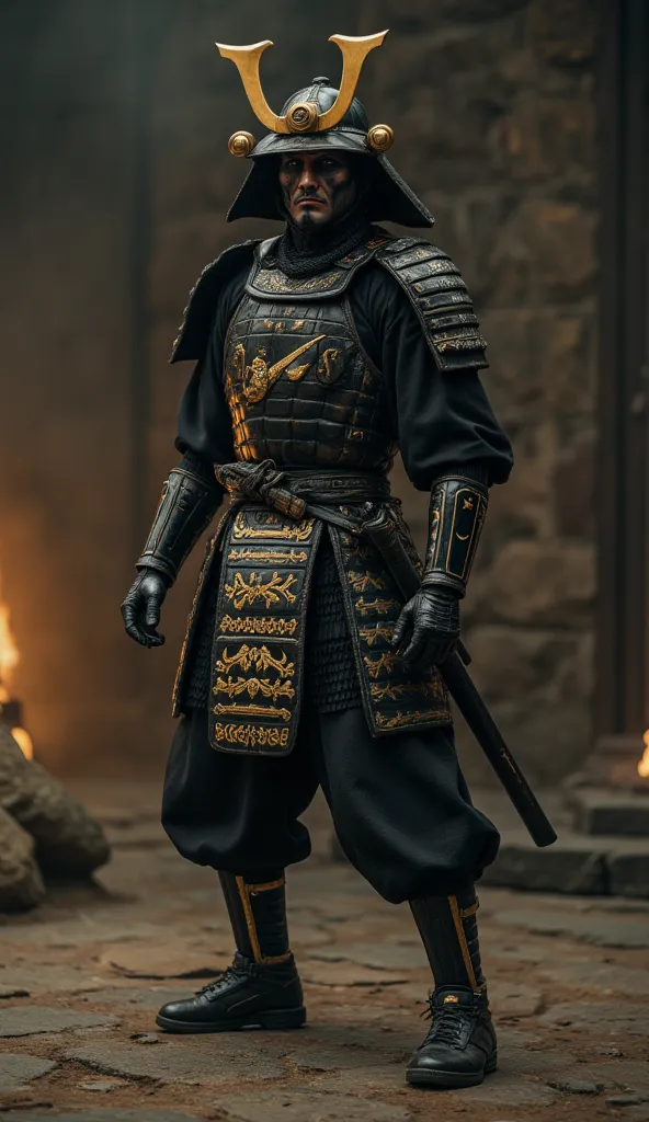 samurai in an epic scene, with shiny black armor, with the Nike symbol in gold with arabesques engraved on the metal, zombie samurai, scene with a horror atmosphere, he wears black metal Jorden sneakers with the Nike logo in gold, 8k