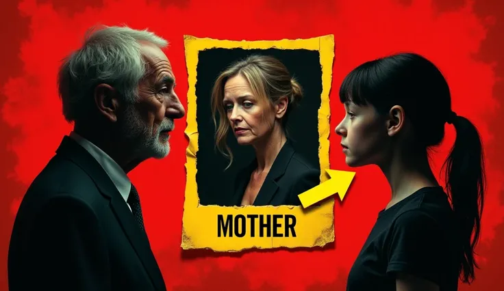 A dramatic YouTube thumbnail showing three people: an older man on the left, a middle-aged woman in the center framed with a yellow border labeled "MOTHER" (remove this label), and a age girl on the right. A bold yellow arrow points from the man to the wom...