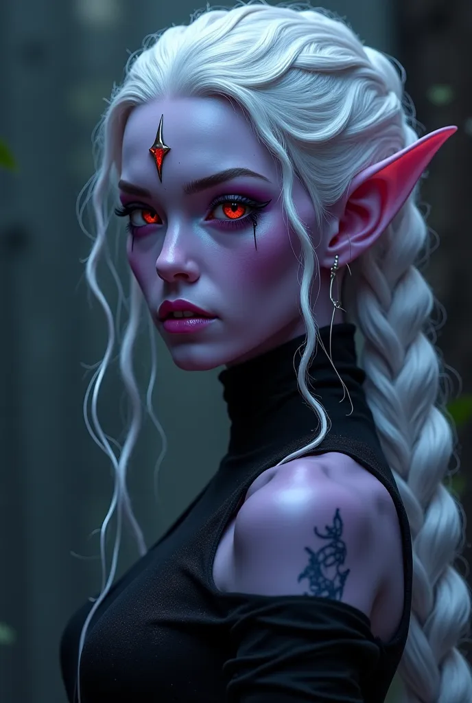 Dark fantasy portrait of beautiful drow with dark lavender skin with pale white long loose braid (or hair), with long elf ears, red (or ruby) eyes, graceful tattoos on the skin and a magic symbol on the forehead. She has elegant, a little strict, but attra...