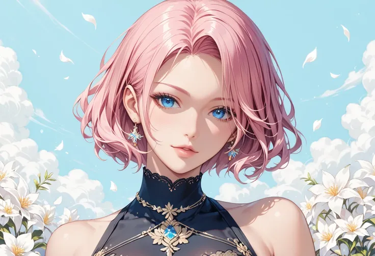 pink haired and blue-eyed anime girl wearing a black turtleneck, artwork in the style of Gwaiz,  Inspired by Yanjun Cheng, Gwaiz, BEAUTIFUL ANIMATED PORTRAIT,  portrait of a beautiful anime face , Gwaiz on pixiv artstation,  digital art by Pixiv , anime st...