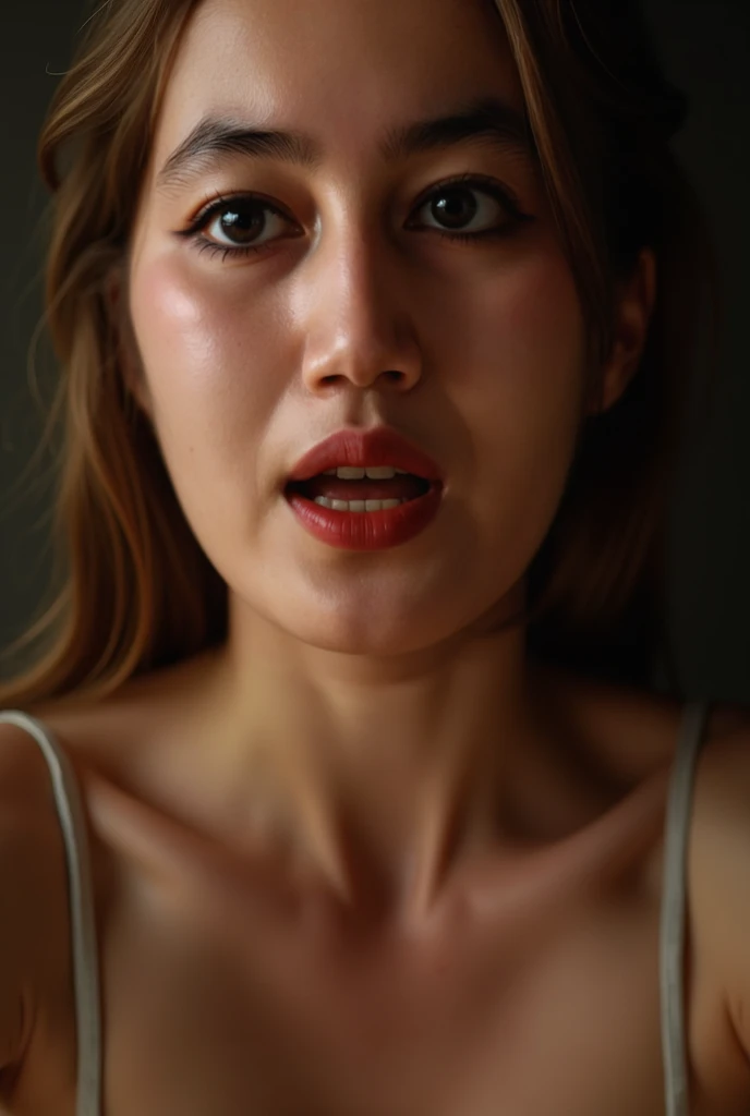 Beautiful woman closes her eyes, (( face look up )) (( screams orgasm)), close-up with closed eyes, (8K ultra HD: 0.8), ultra detail, RAW amateur photo, Chest, neck and face shining wet with sweat, Décolletage, sweaty, (Wet Filter) climax face, long, Narro...